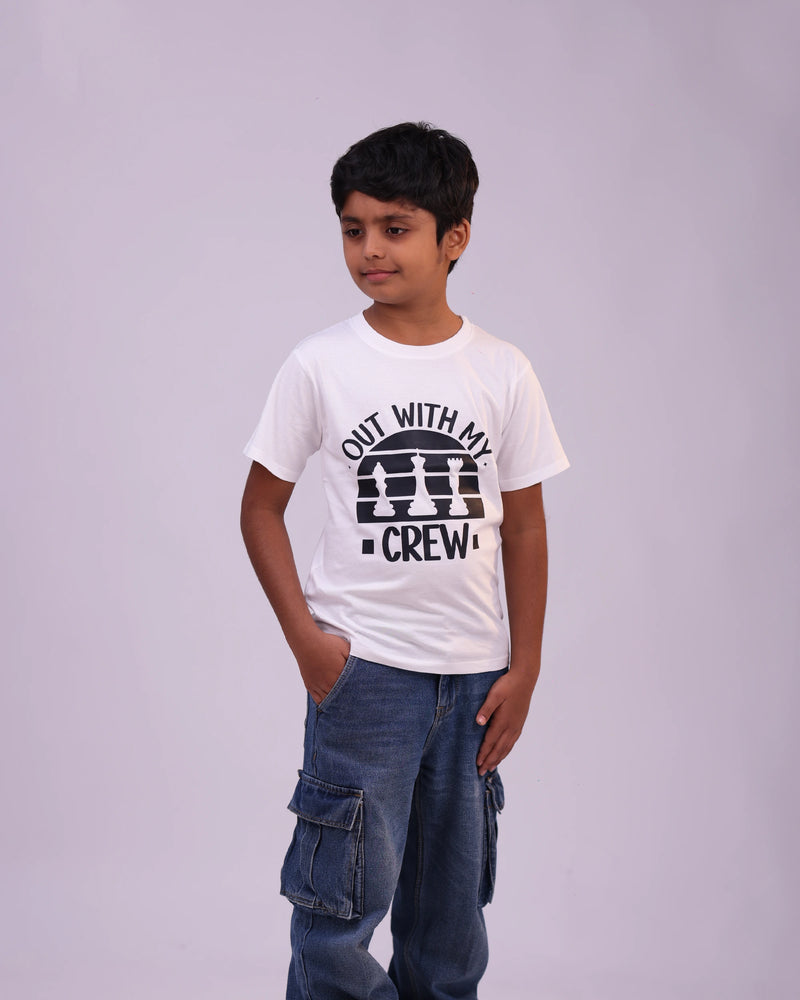 Close-up of “Out With My Crew” print on soft white cotton tee