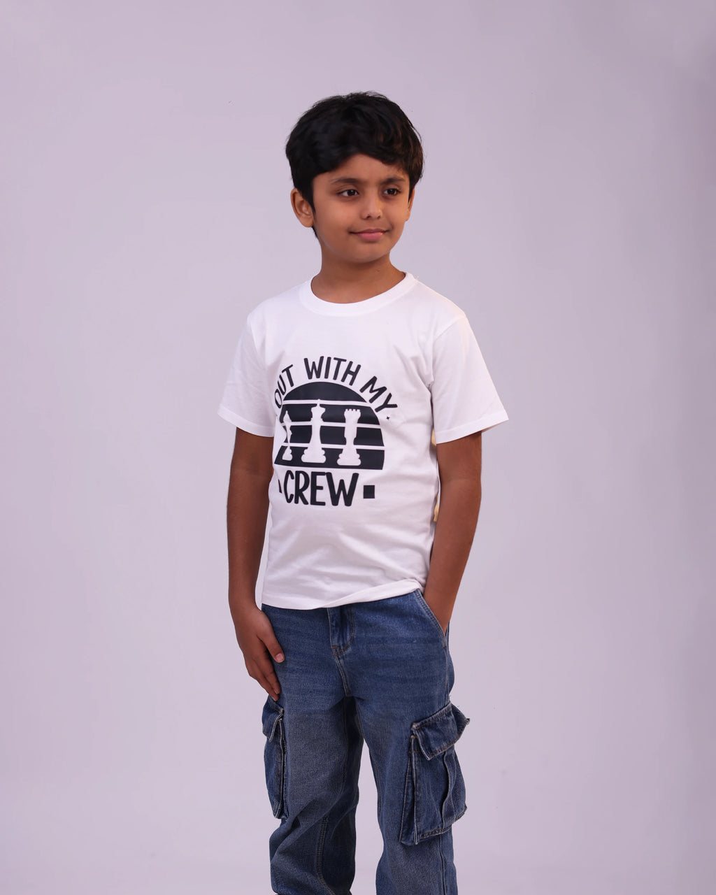 Front view of “Out With My Crew” kids tee – comfy cotton print for boys & girls