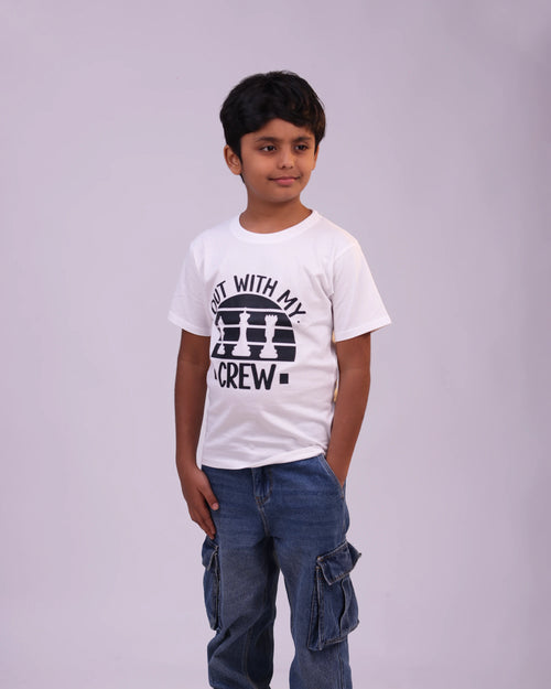 Front view of “Out With My Crew” kids tee – comfy cotton print for boys & girls