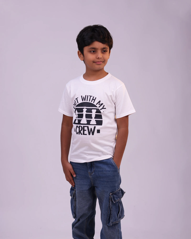 Front view of “Out With My Crew” kids tee – comfy cotton print for boys & girls