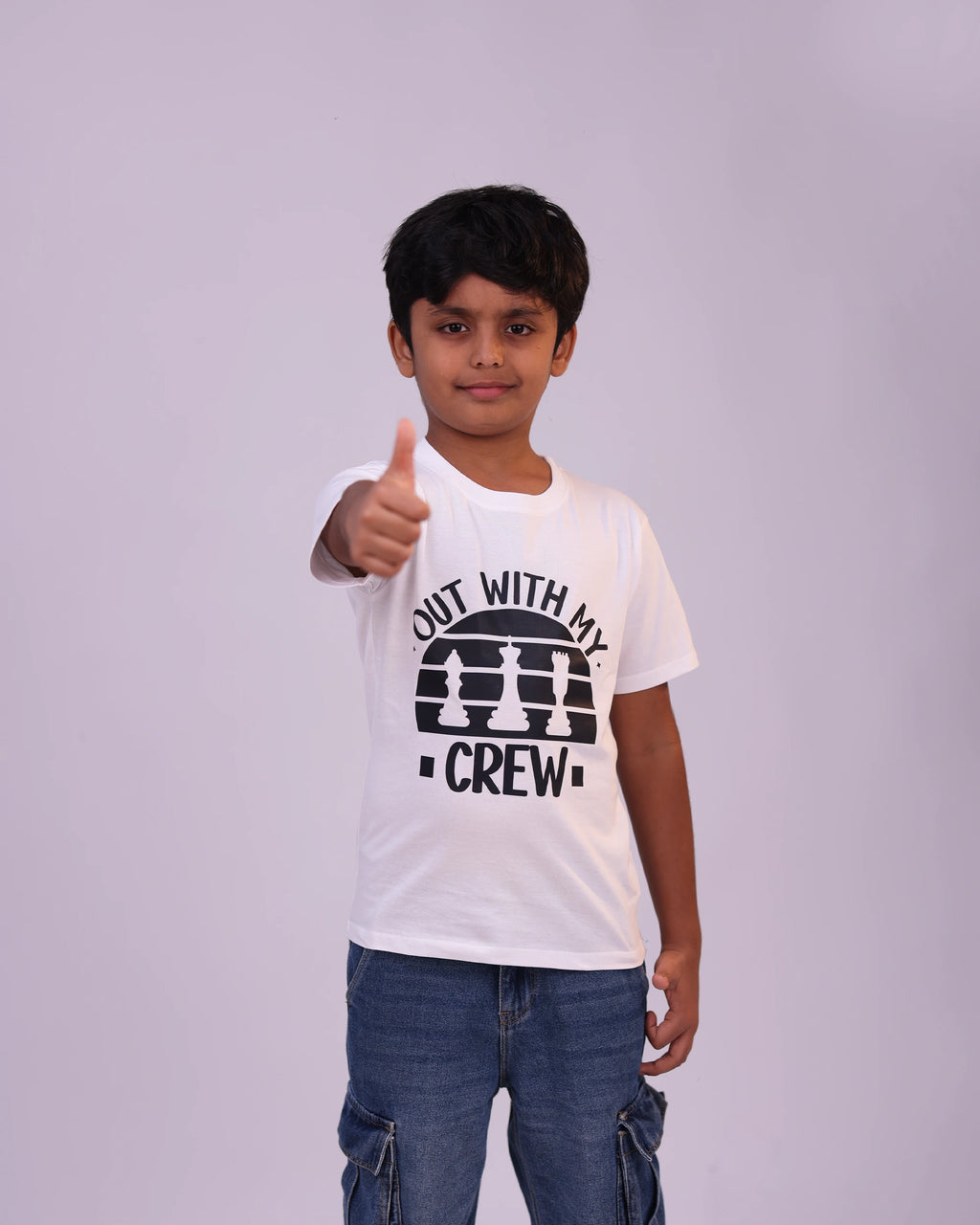 Side profile of “Out With My Crew” tee—relaxed fit with playful graphic