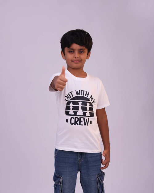 Side profile of “Out With My Crew” tee—relaxed fit with playful graphic