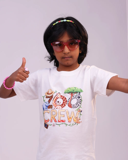 “Zoo Crew” kids tee front view—bright animal print, soft cotton for boys & girls