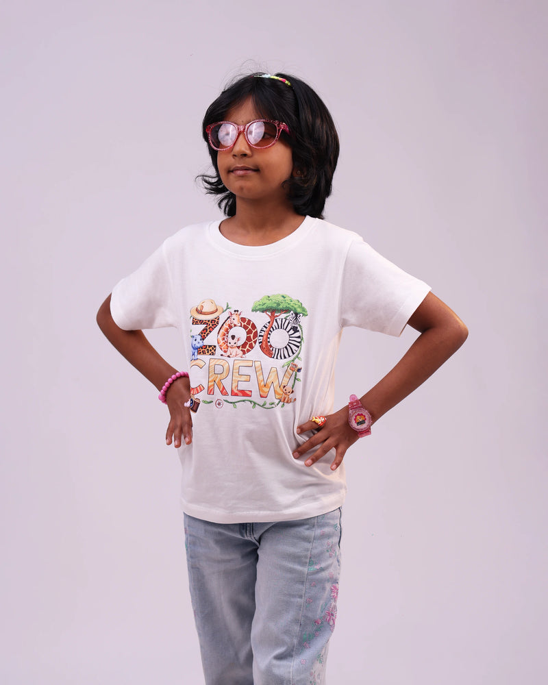 Side profile of “Zoo Crew” kids tee—relaxed fit and cheerful design