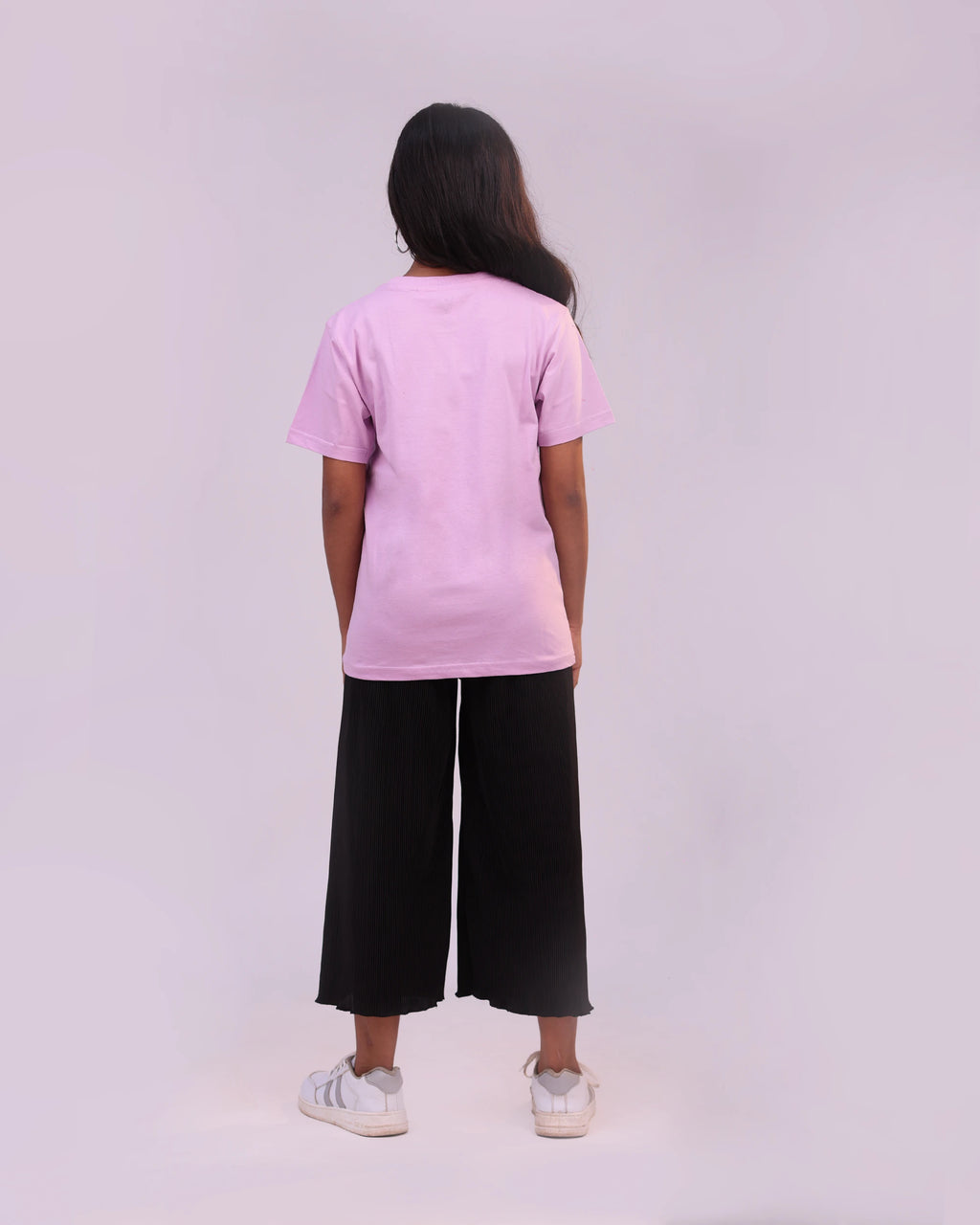 Back view of lilac affirmations tee—clean silhouette, premium quality cotton