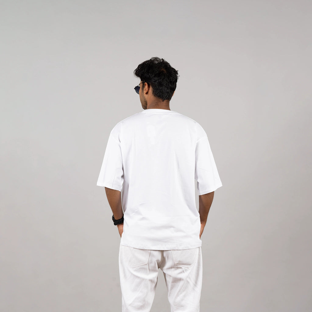Back view of white tee—clean silhouette and premium fabric ensuring comfort from every angle