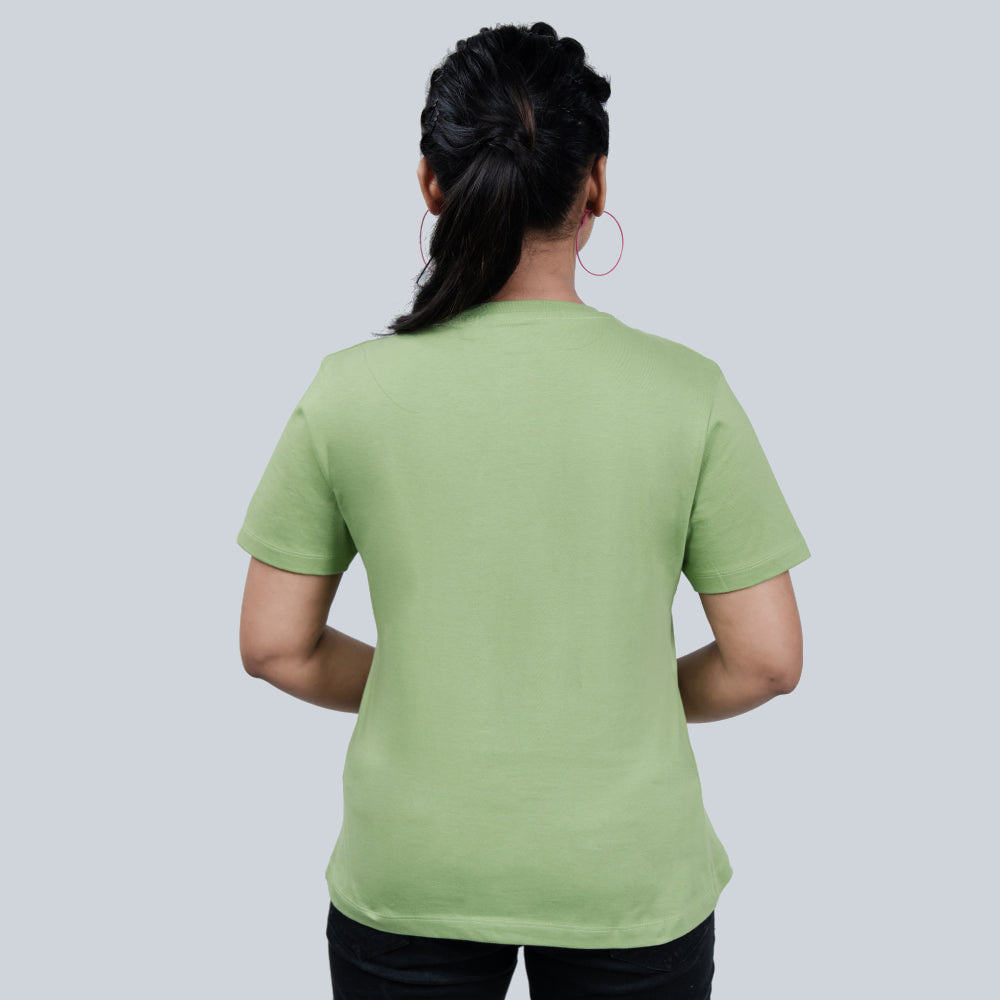 Back view of kiwi green women's tee, plain back, soft premium cotton