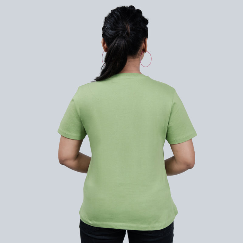 Back view of kiwi green women's tee, plain back, soft premium cotton