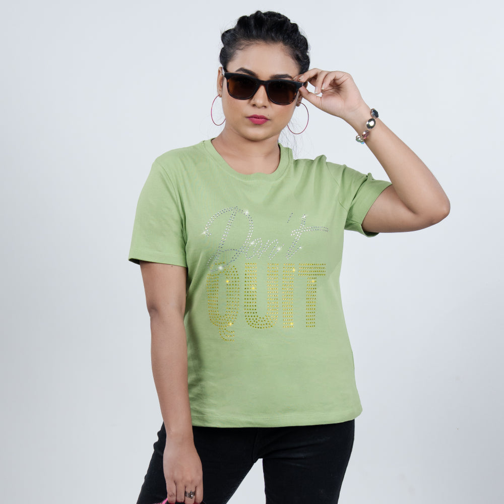 Kiwi green women's tee front close-up with glitter 'Don't Quit' design