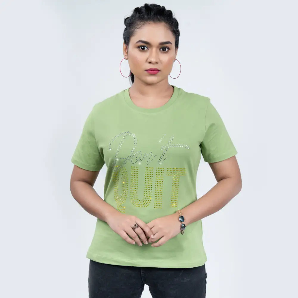 Side view of kiwi green 'Don't Quit' tee on model, relaxed fit with sparkly motif