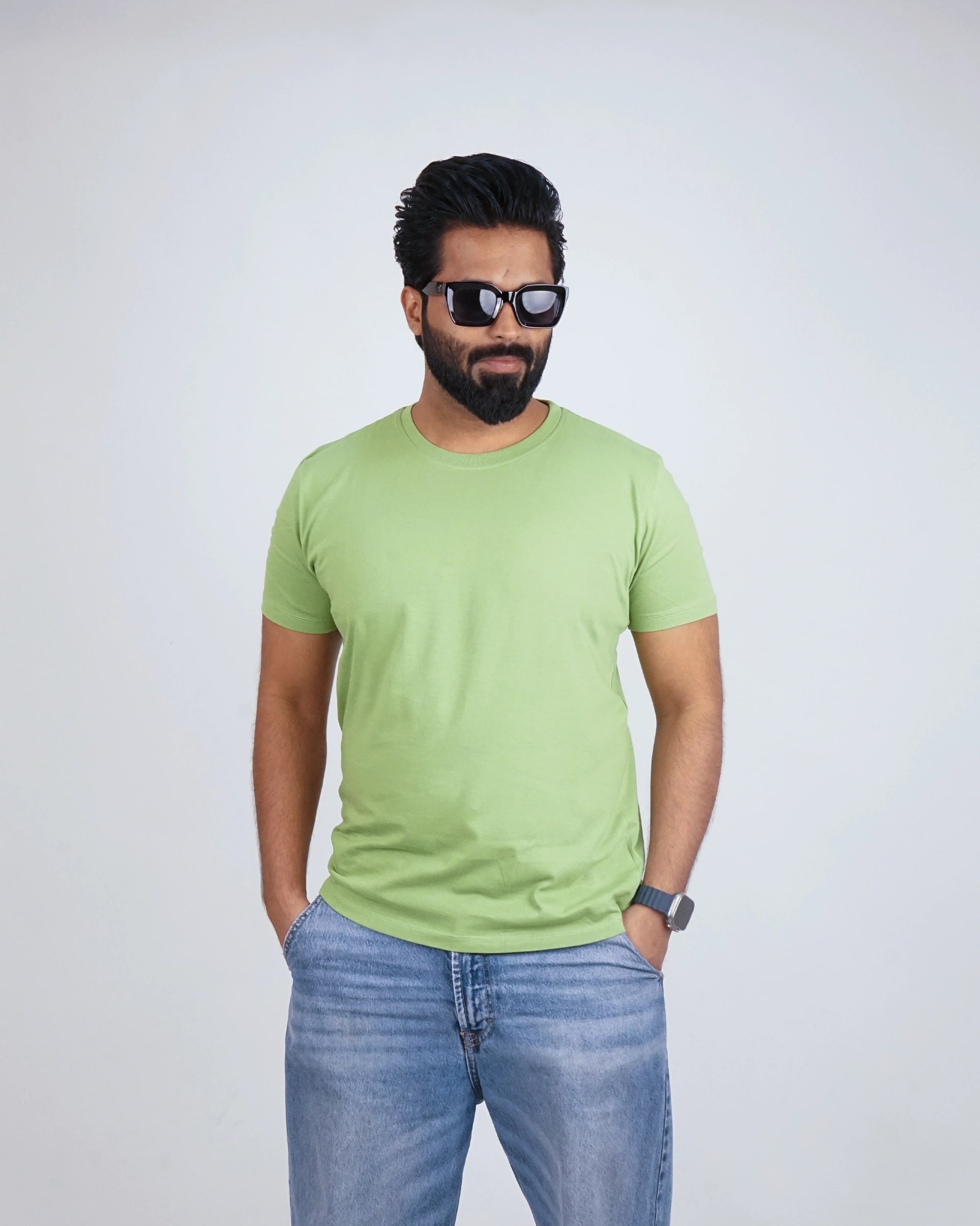 Close-up of Kiwi Green tee neckline and soft cotton texture details