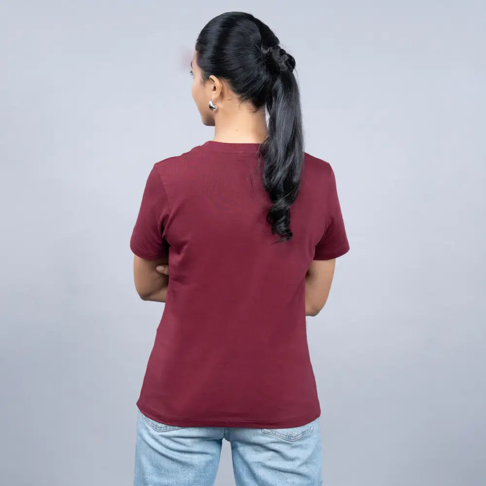 Maroon “Be Happy” Stone-Embellished Tee for Women
