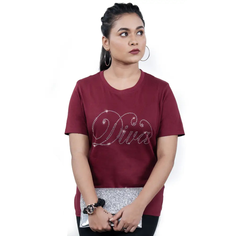 Side angle of maroon “Diva” tee showing flattering fit and bold rhinestone detail