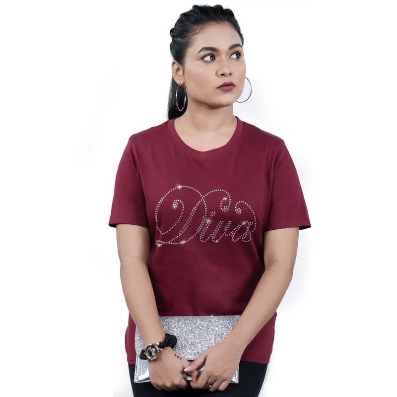 Side angle of maroon “Diva” tee showing flattering fit and bold rhinestone detail