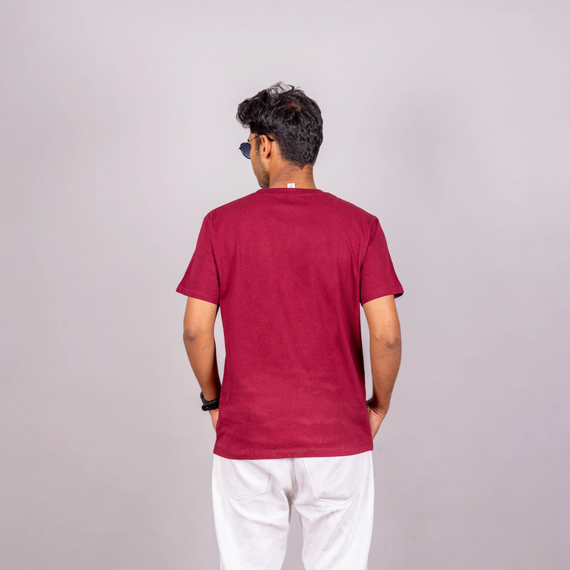 Back view of maroon tee—clean silhouette with premium cotton drape