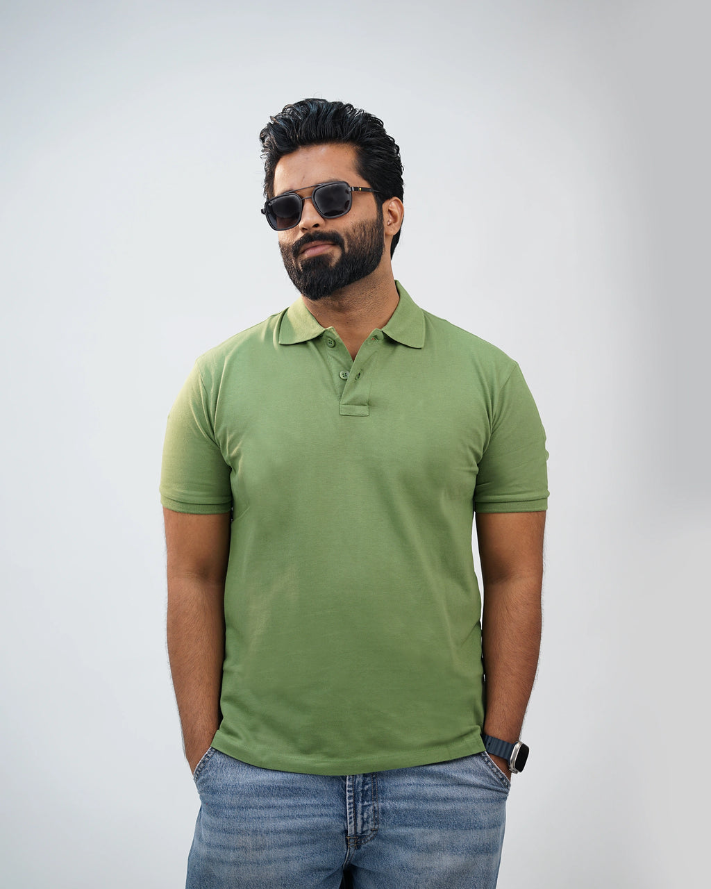 Man wearing moss green polo tee with chinos—casual refinement for men in India