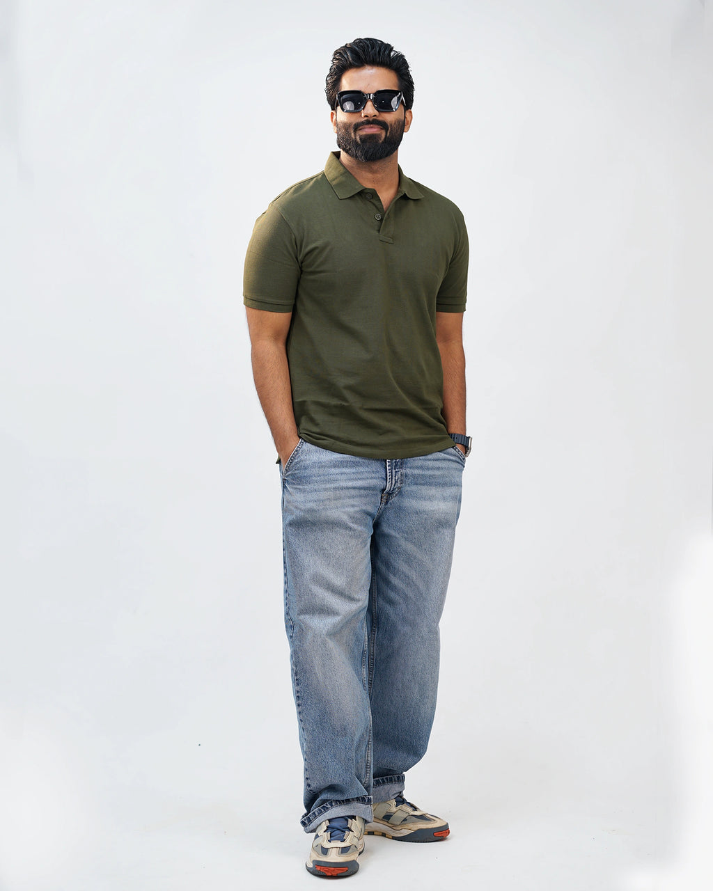 Close-up of polo showing soft collar texture and fine stitching—quality detailing