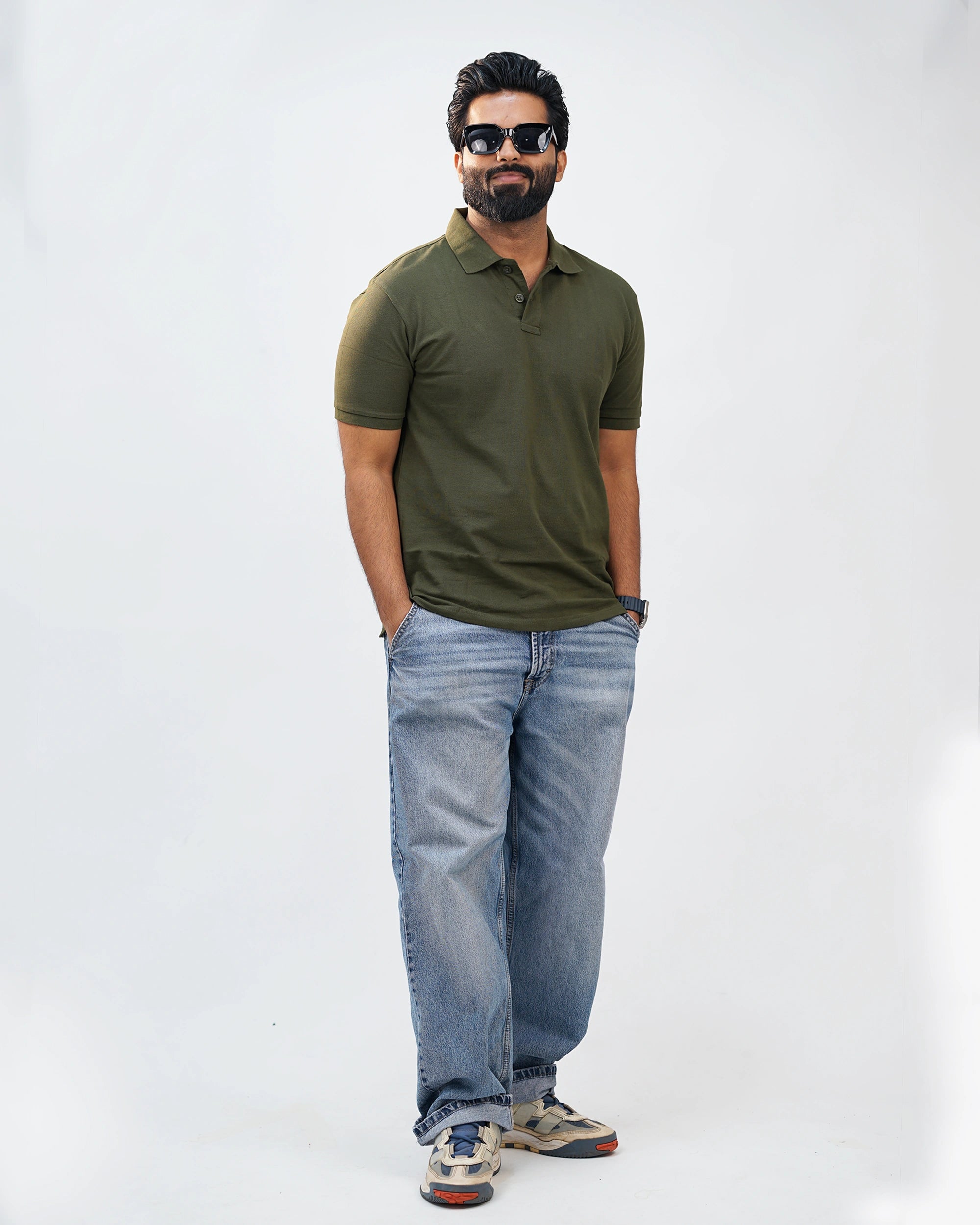 Close-up of polo showing soft collar texture and fine stitching—quality detailing