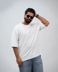 Oversized white crew-neck tee for men, front view, relaxed fit—casual comfort