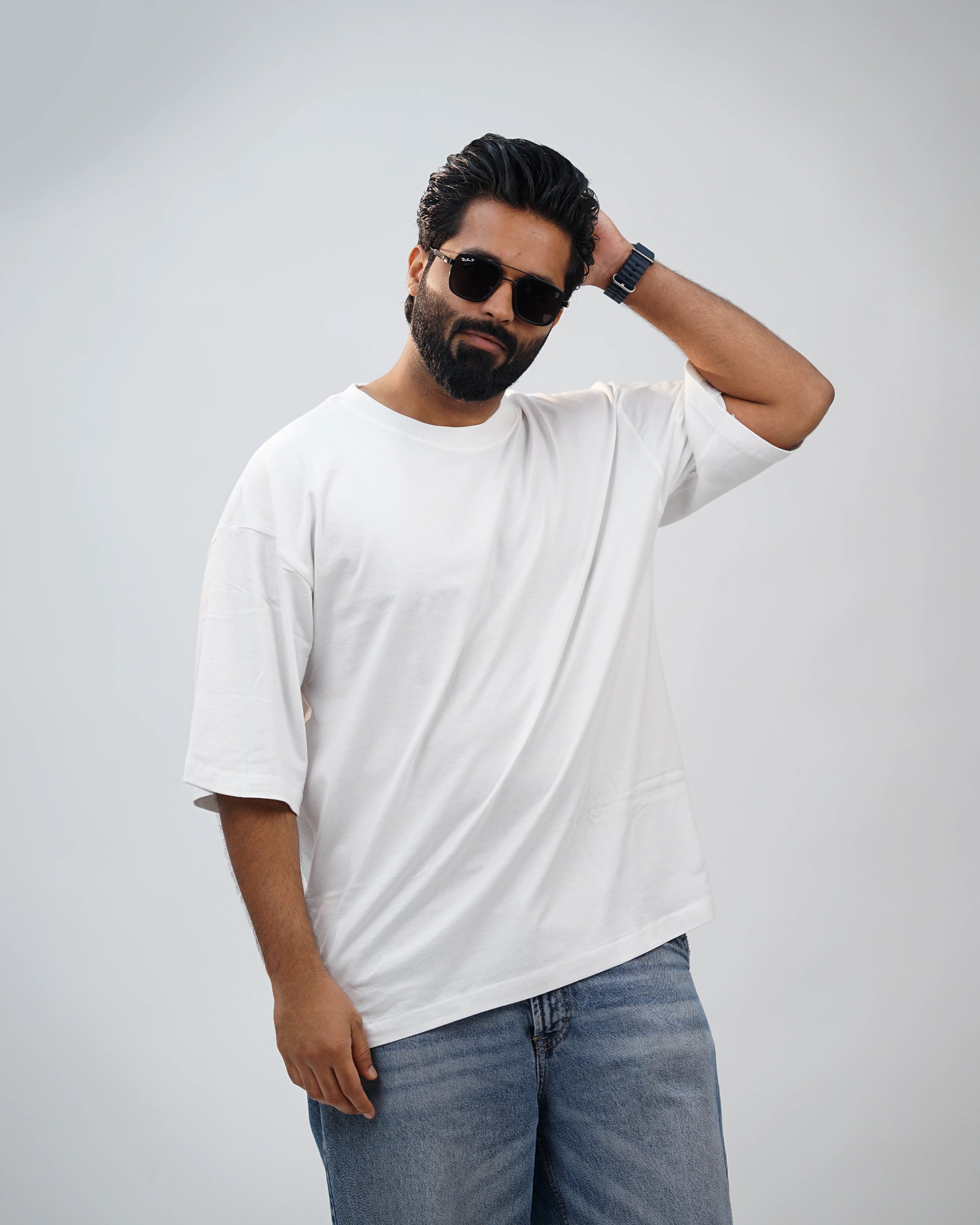 Oversized white crew-neck tee for men, front view, relaxed fit—casual comfort