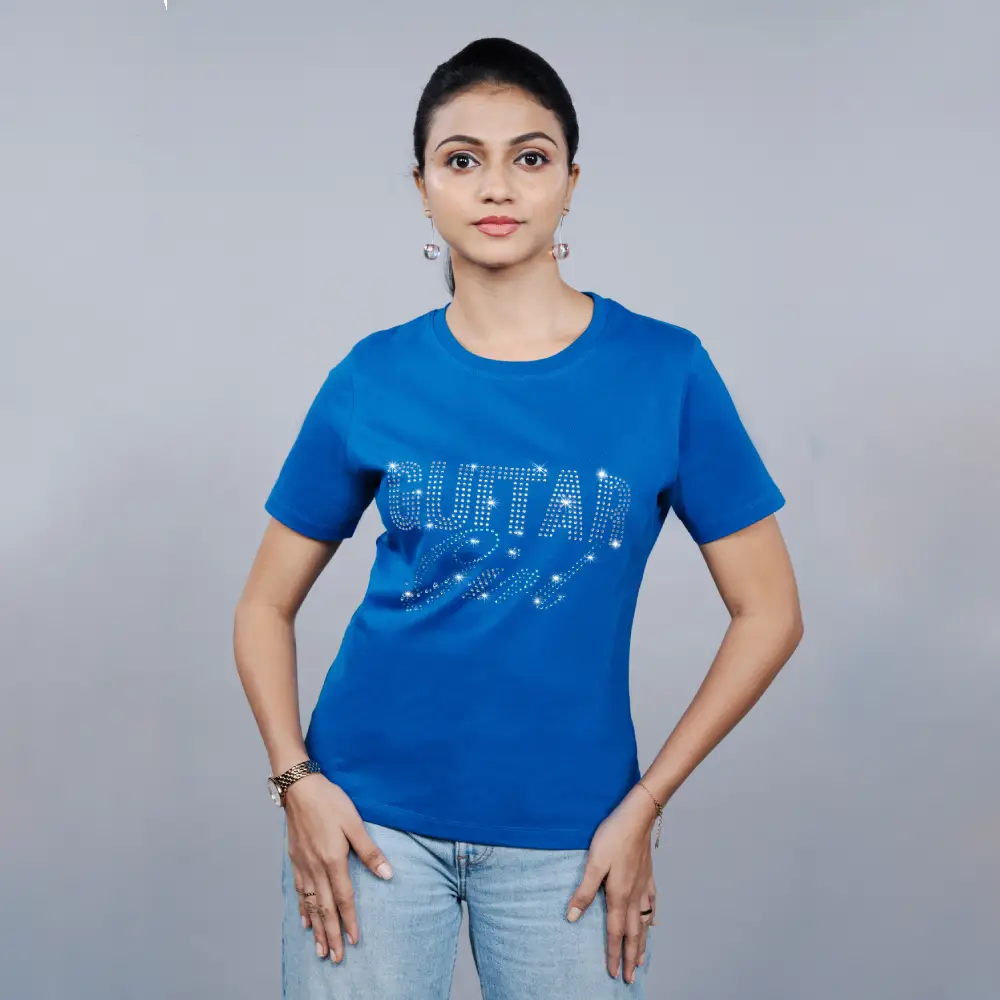 Close-up of royal blue tee showing vivid printed guitar and “Guitar Girl” text detail