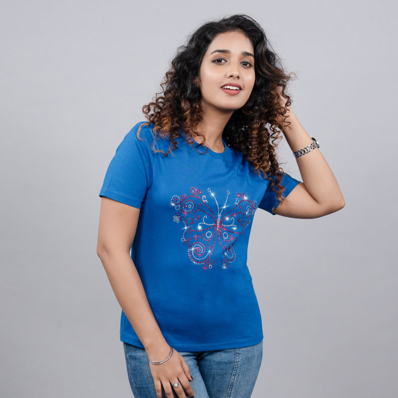 Multi-Color Butterfly Motif on Royal Blue Tees for Women in India