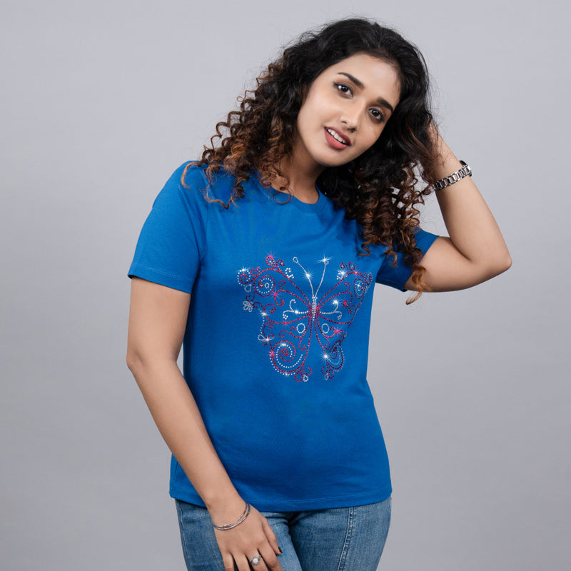 Multi-Color Butterfly Motif on Royal Blue Tees for Women in India