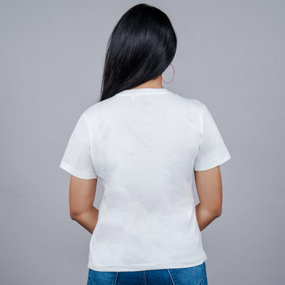 Back view of white 'Happy Valentine' tee highlighting soft fit and glitter motif