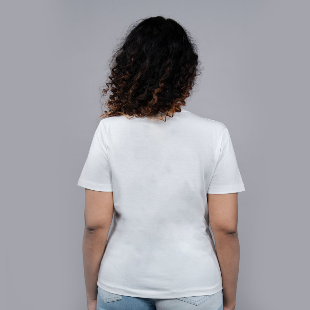 Back view of white women’s tee, plain back, soft premium cotton