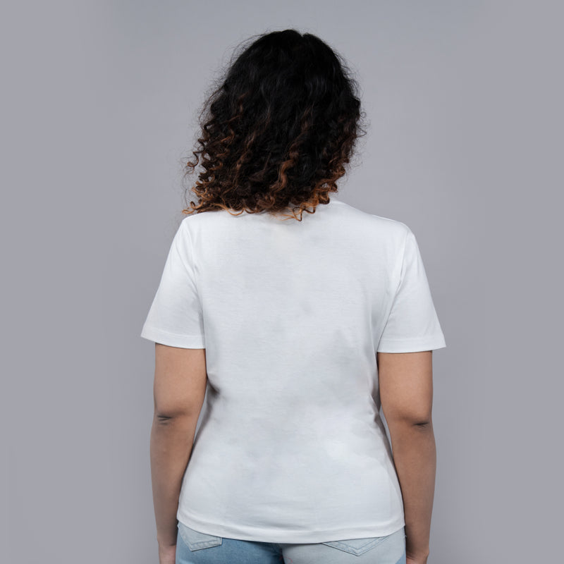 Back view of white women’s tee, plain back, soft premium cotton